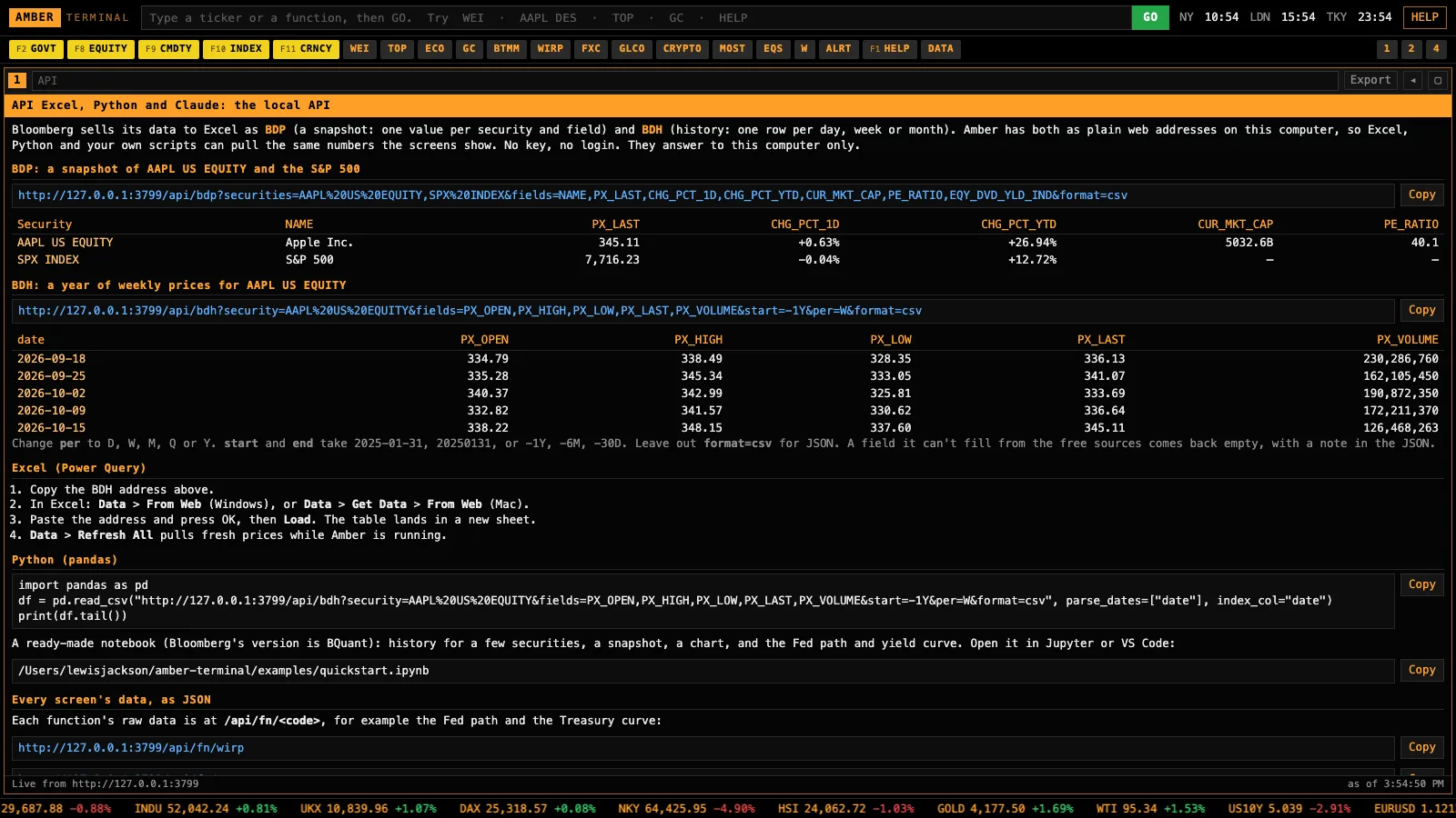 The API screen in Amber Terminal: BDP and BDH links for Excel and Python