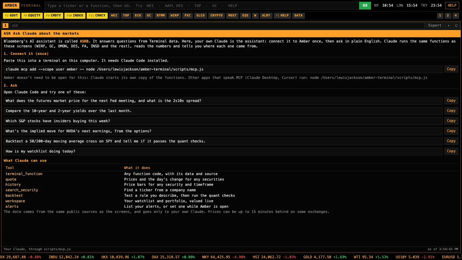 The ASK screen in Amber Terminal: how to connect Claude, and questions to try