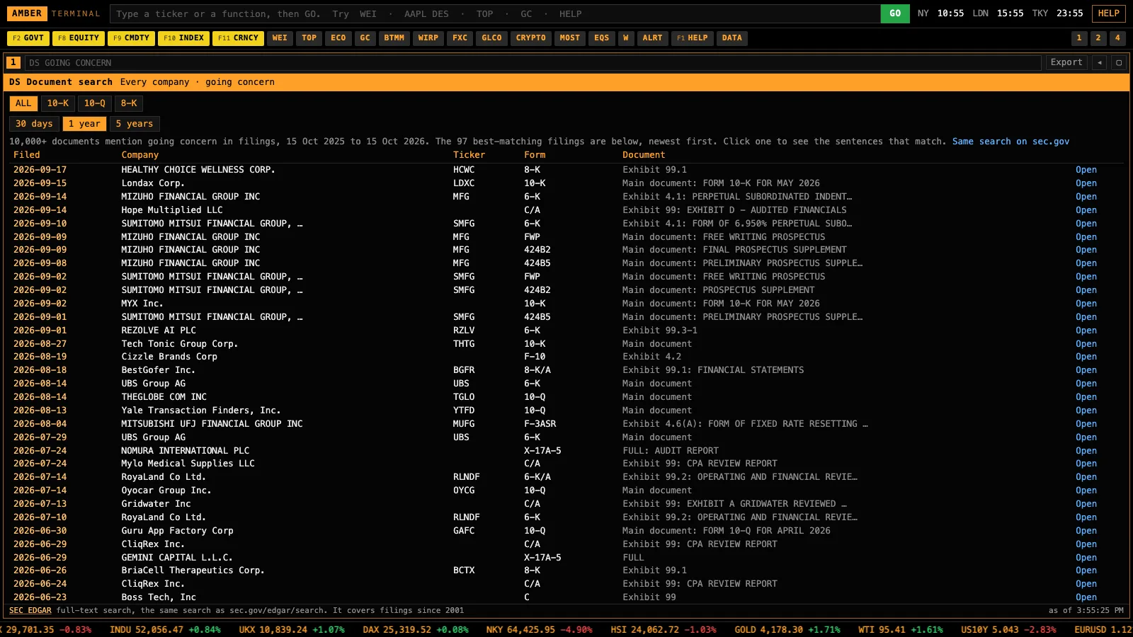 The DS screen in Amber Terminal: filings that mention going concern