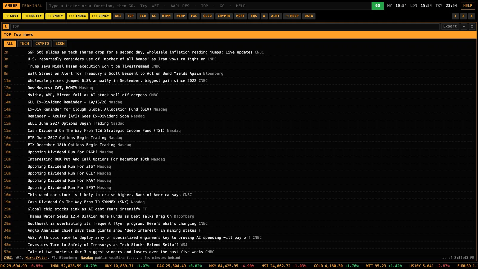 The TOP screen in Amber Terminal: market headlines