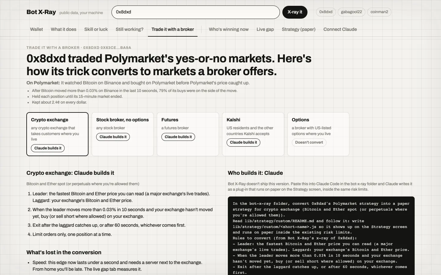 The Trade it with a broker screen in Bot X-Ray: 0x8dxd’s speed trade converted for a crypto exchange, with the rules, what’s lost and the prompt Claude builds it from
