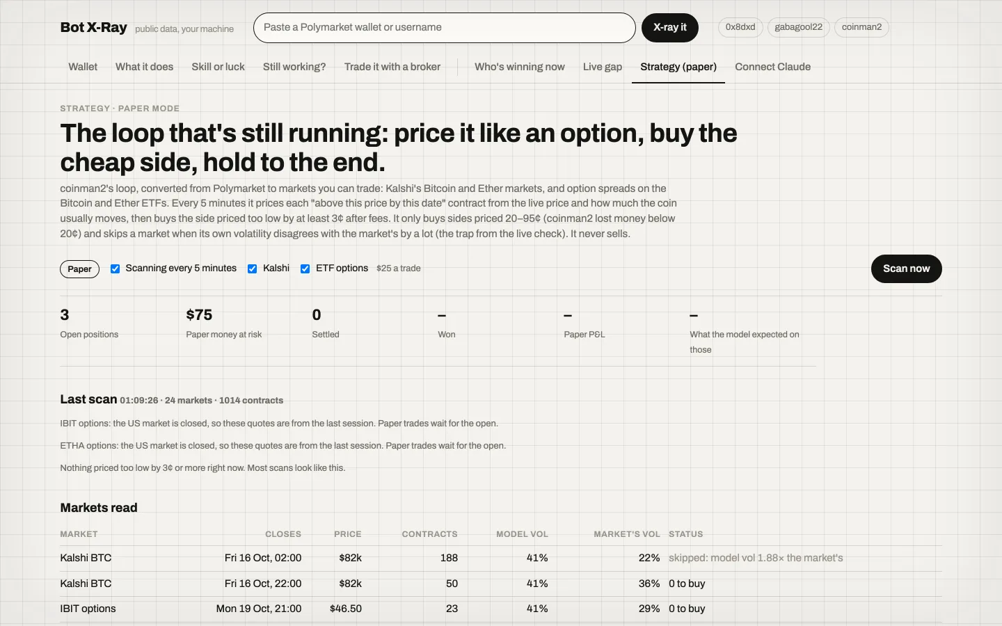 The Strategy screen in Bot X-Ray in paper mode: open positions and the contracts the model prices too low