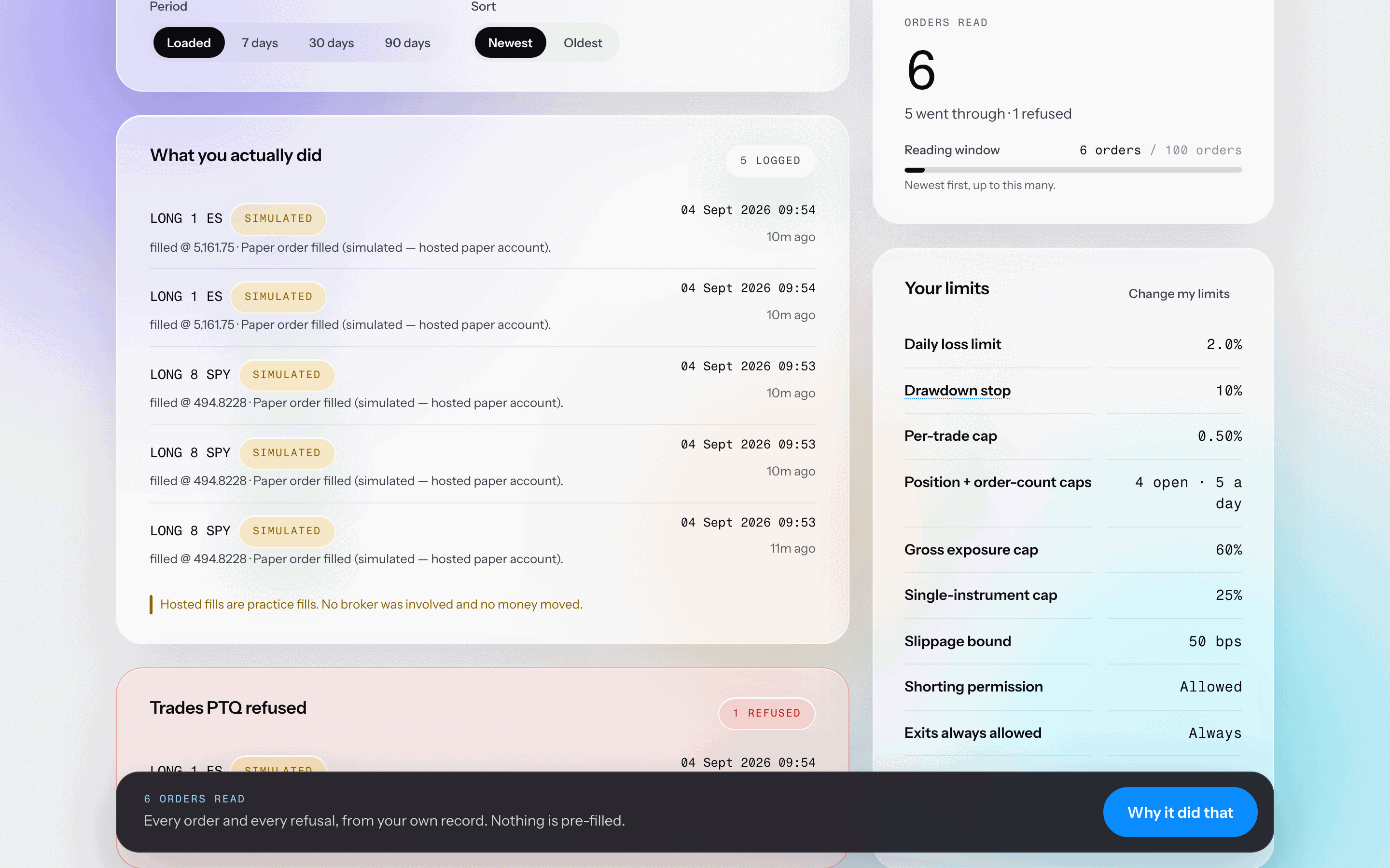 Journal: a real practice fill, labelled simulated in the record