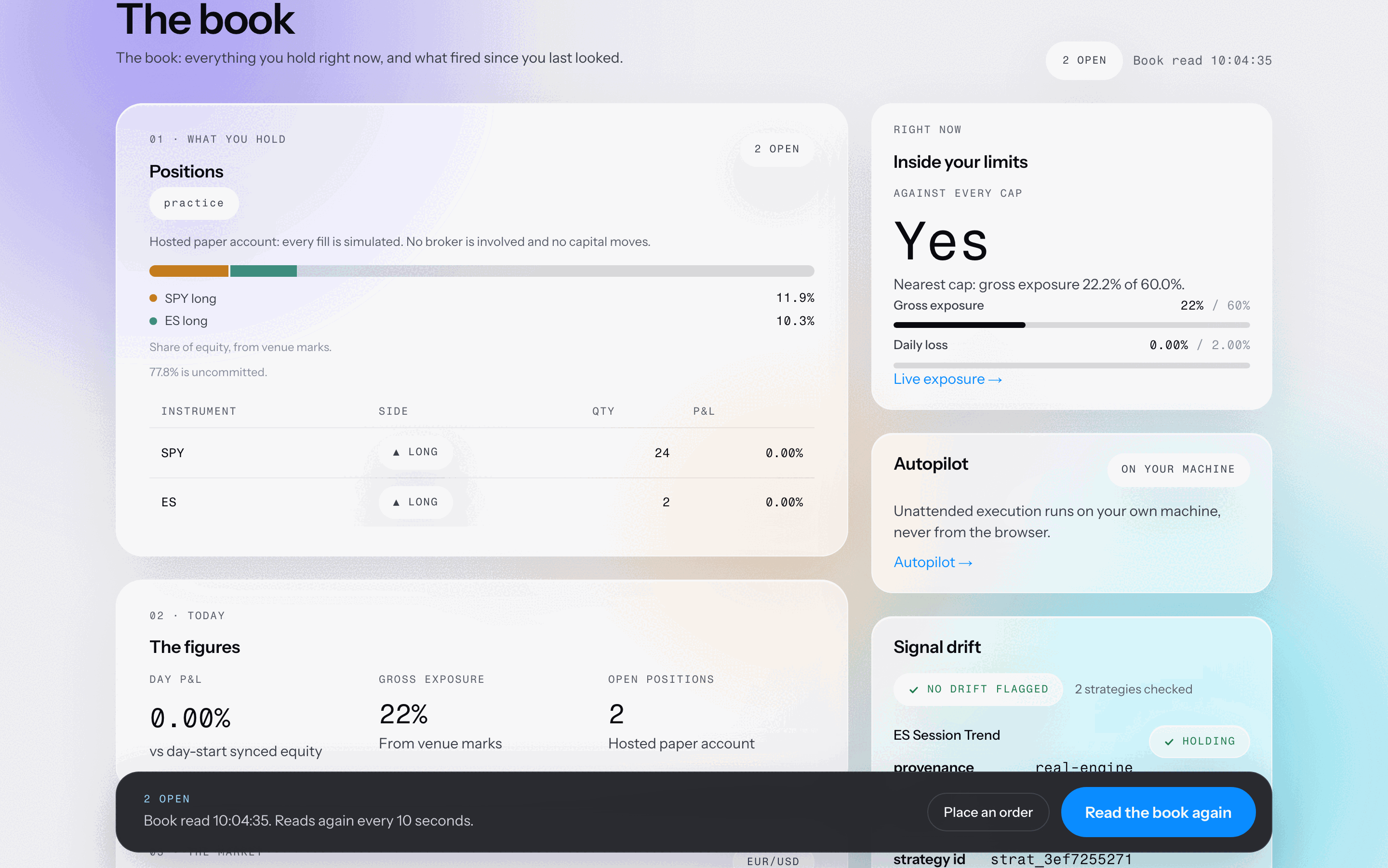 Dashboard: the practice account, valued at current market prices. Simulated money