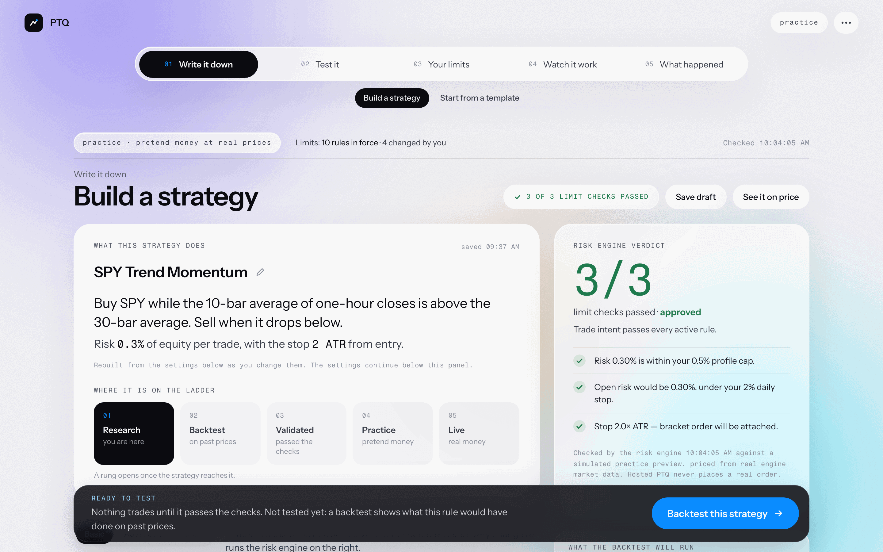 Strategy builder: a real strategy draft. The risk engine rules on it as you type
