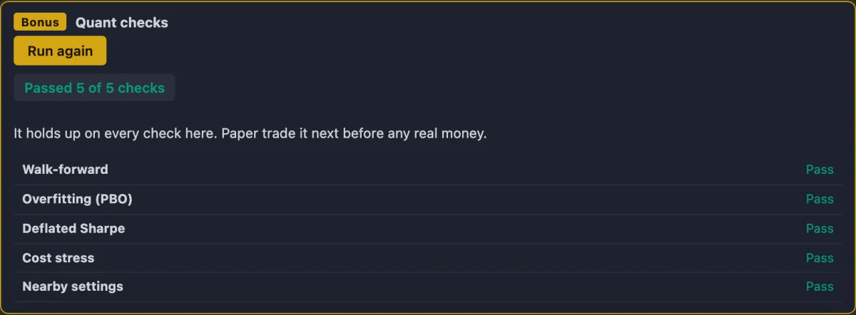 The quant checks panel in Quant Terminal showing five checks, each marked pass